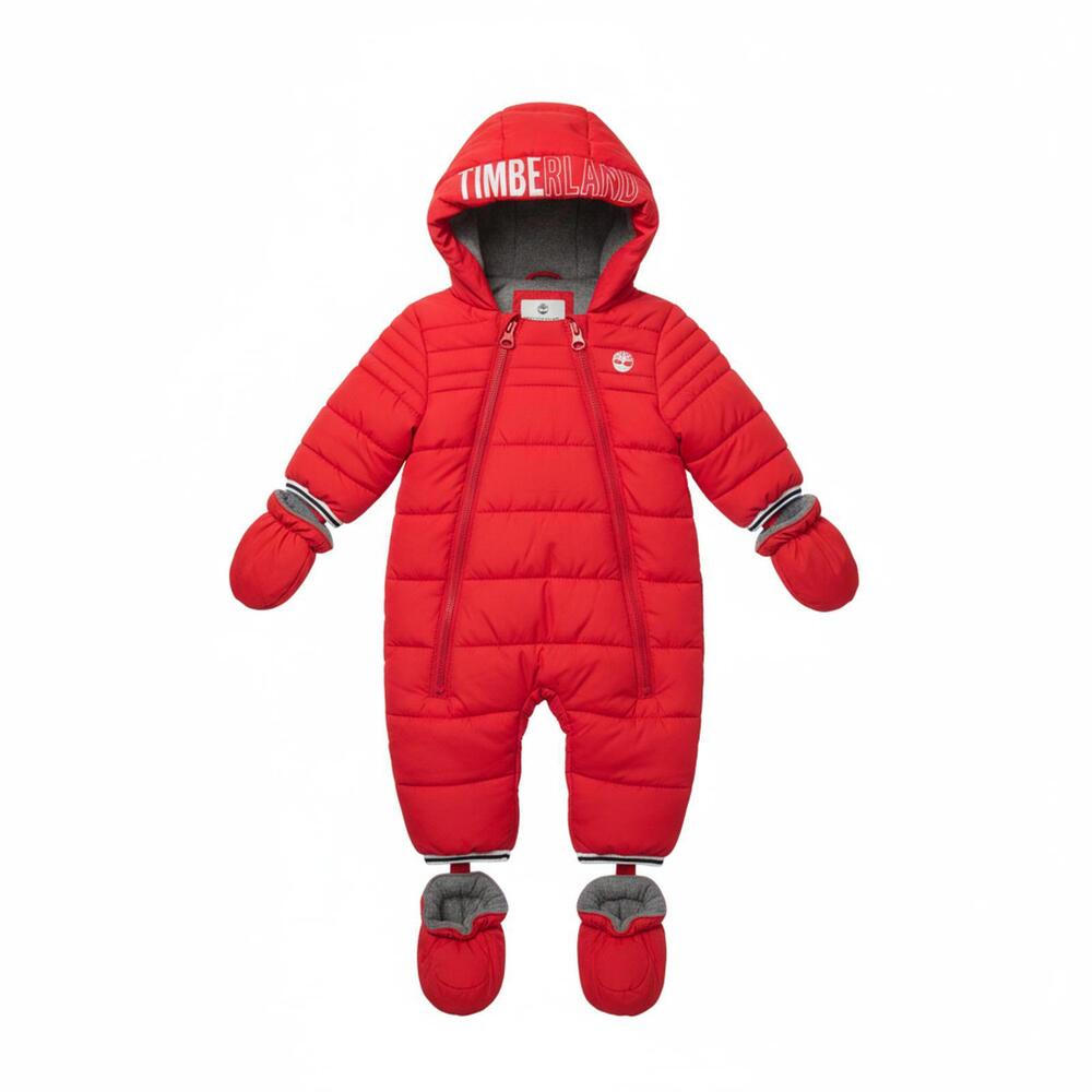 Timberland Baby Red Puffer Snowsuit with Mittens and Booties